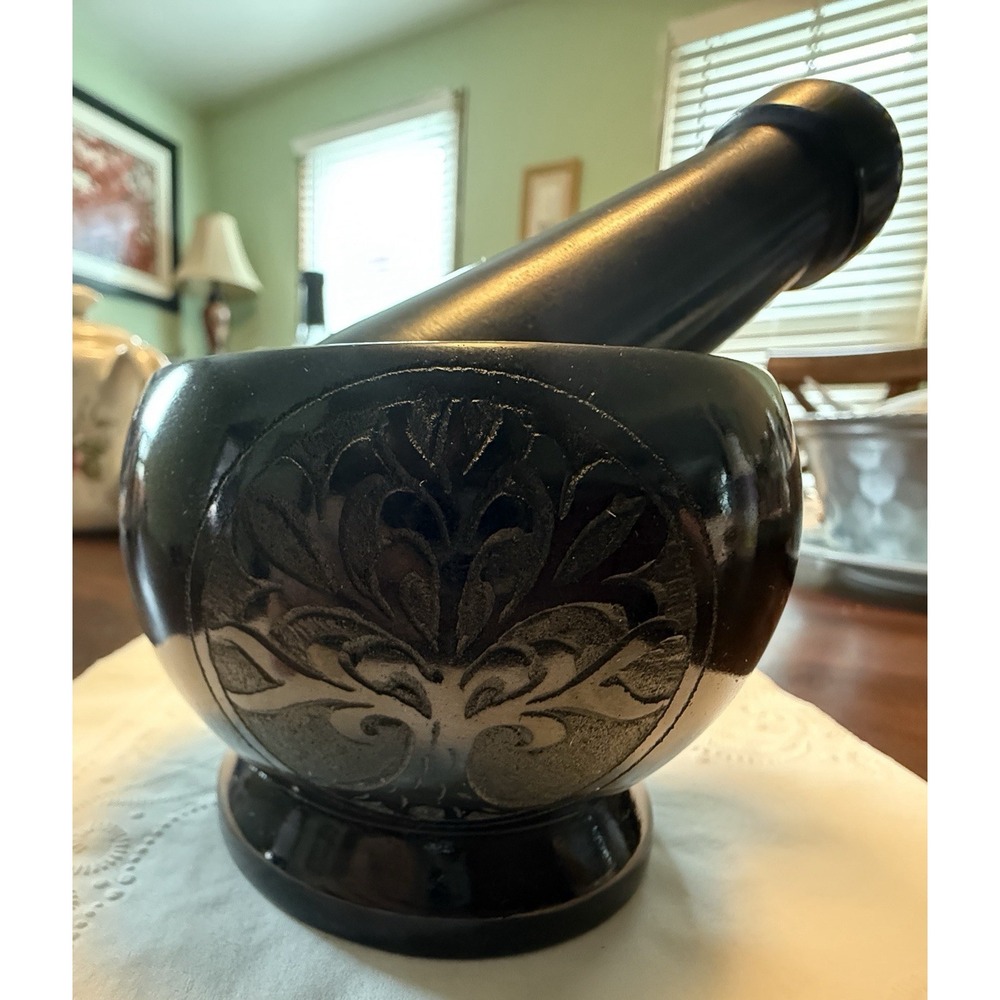 Soapstone Pedestal Mortar & Pestle Tree Of Life Handmade